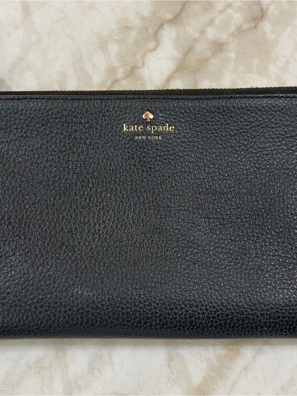 Kate Spade New York Black Pebbled Leather Zip Wallet with Gold Logo